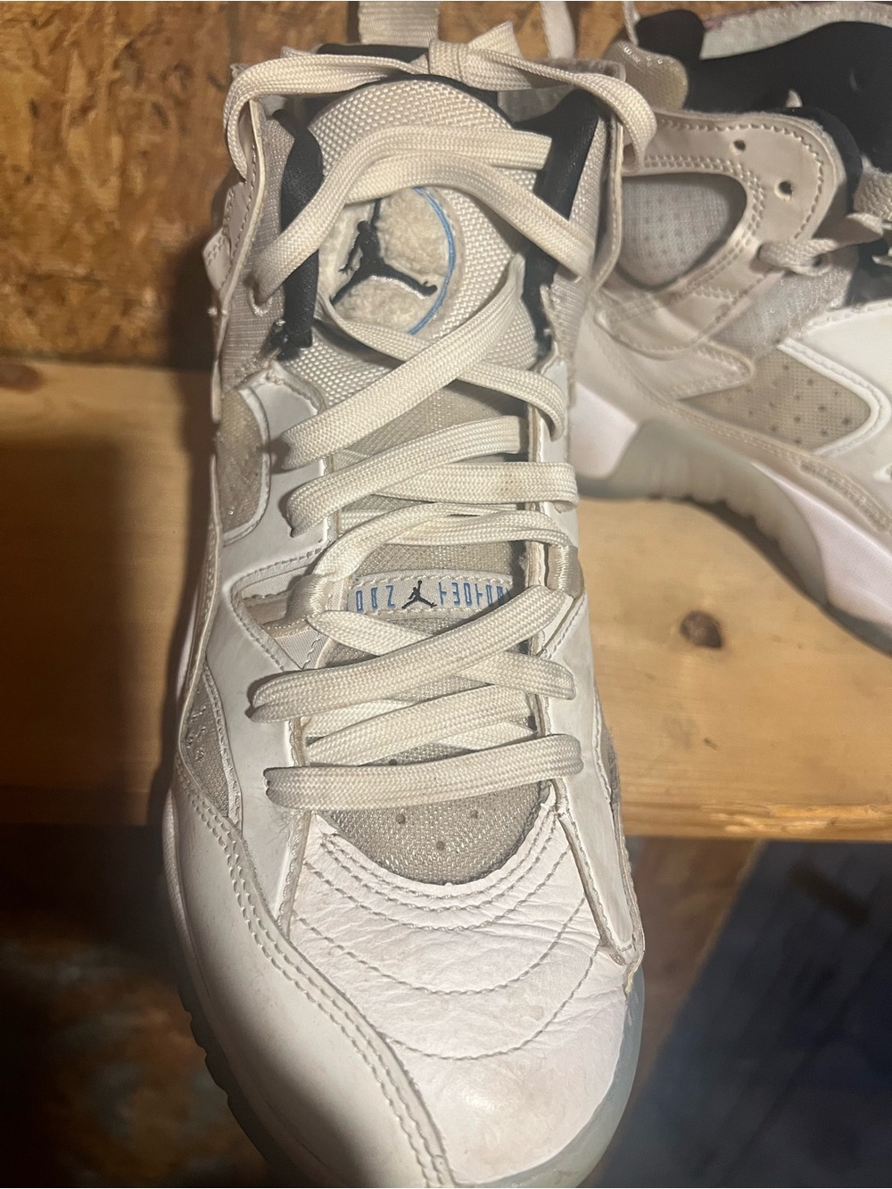Nike Kids White and Tan Basketball Sneakers with Light Blue Jumpman